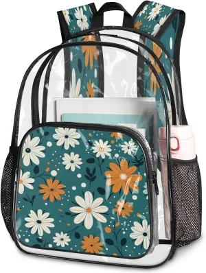KOBLEN Blue Floral Mix 17.1 Inch Clear Backpack, Heavy Duty Transparent PVC Daypack with Adjustable Padded Straps, Large Capacity Clear Bag for Festival, Concerts, Travel