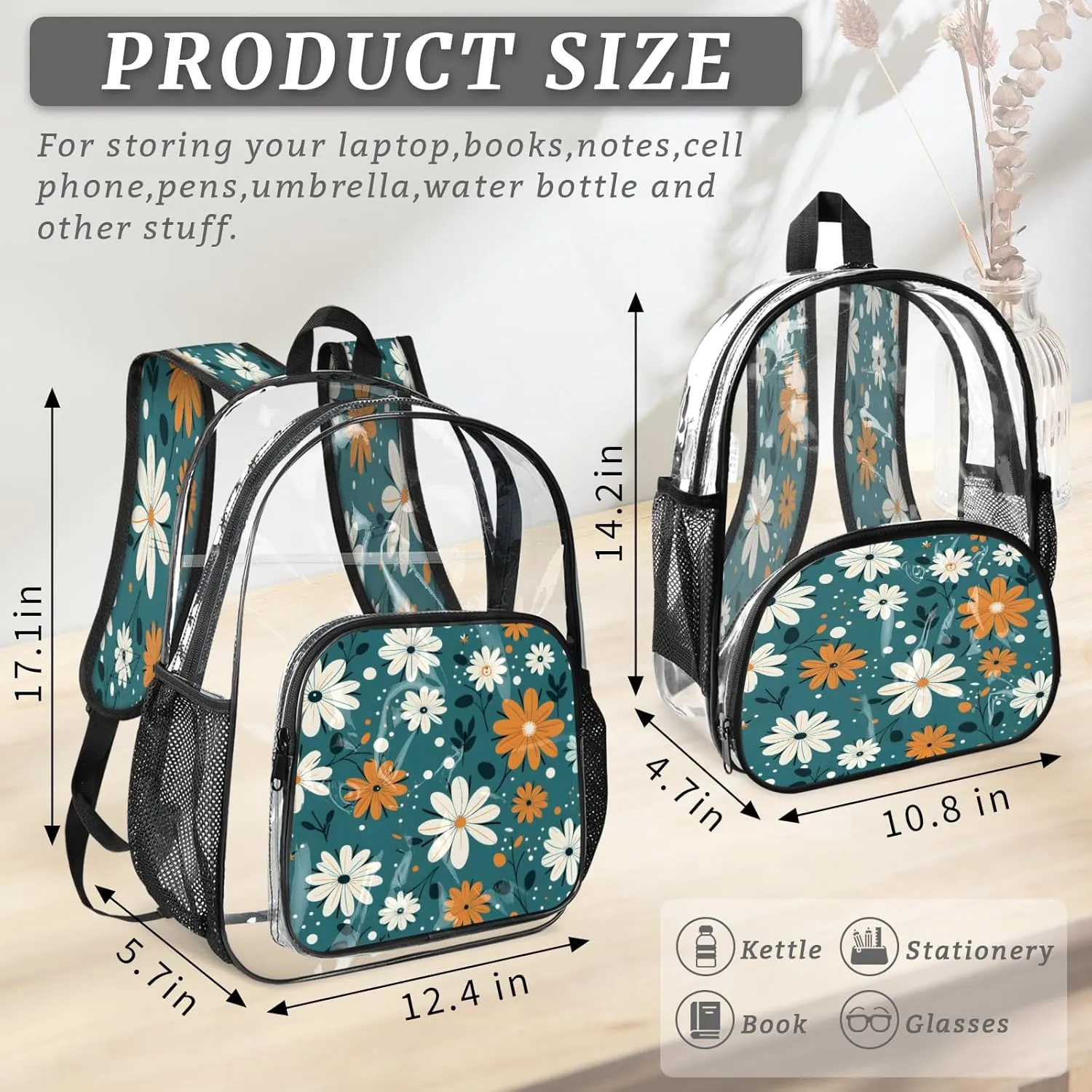 KOBLEN Blue Floral Mix 17.1 Inch Clear Backpack, Heavy Duty Transparent PVC Daypack with Adjustable Padded Straps, Large Capacity Clear Bag for Festival, Concerts, Travel