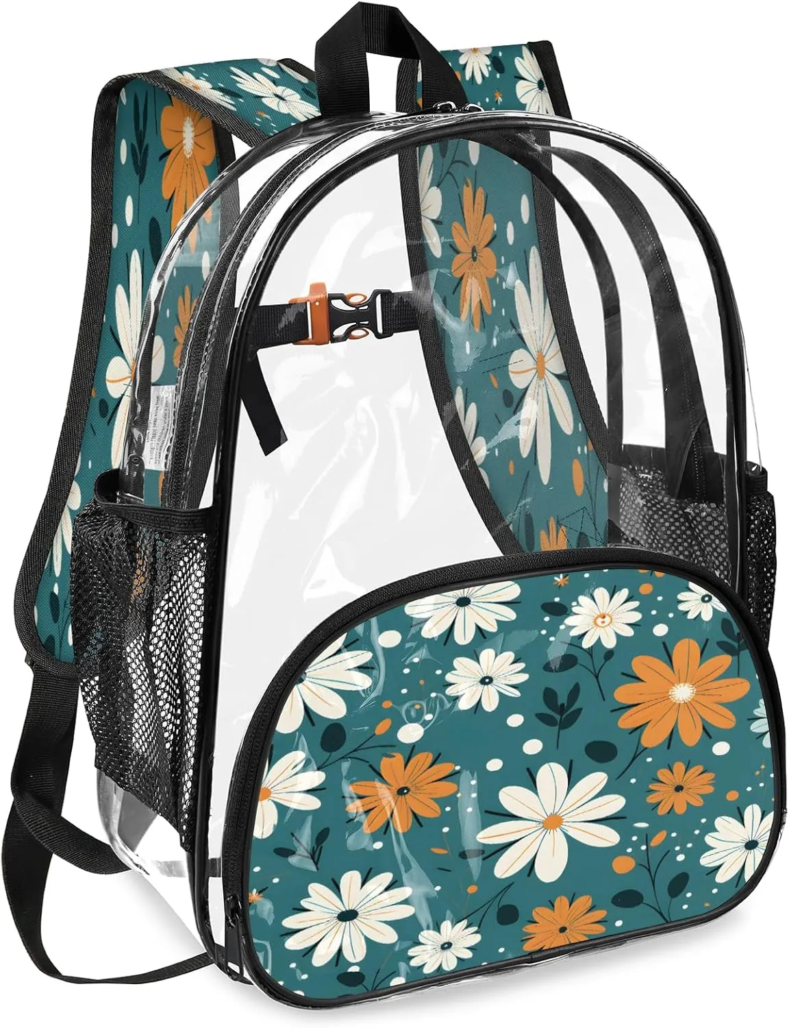 KOBLEN Blue Floral Mix 17.1 Inch Clear Backpack, Heavy Duty Transparent PVC Daypack with Adjustable Padded Straps, Large Capacity Clear Bag for Festival, Concerts, Travel