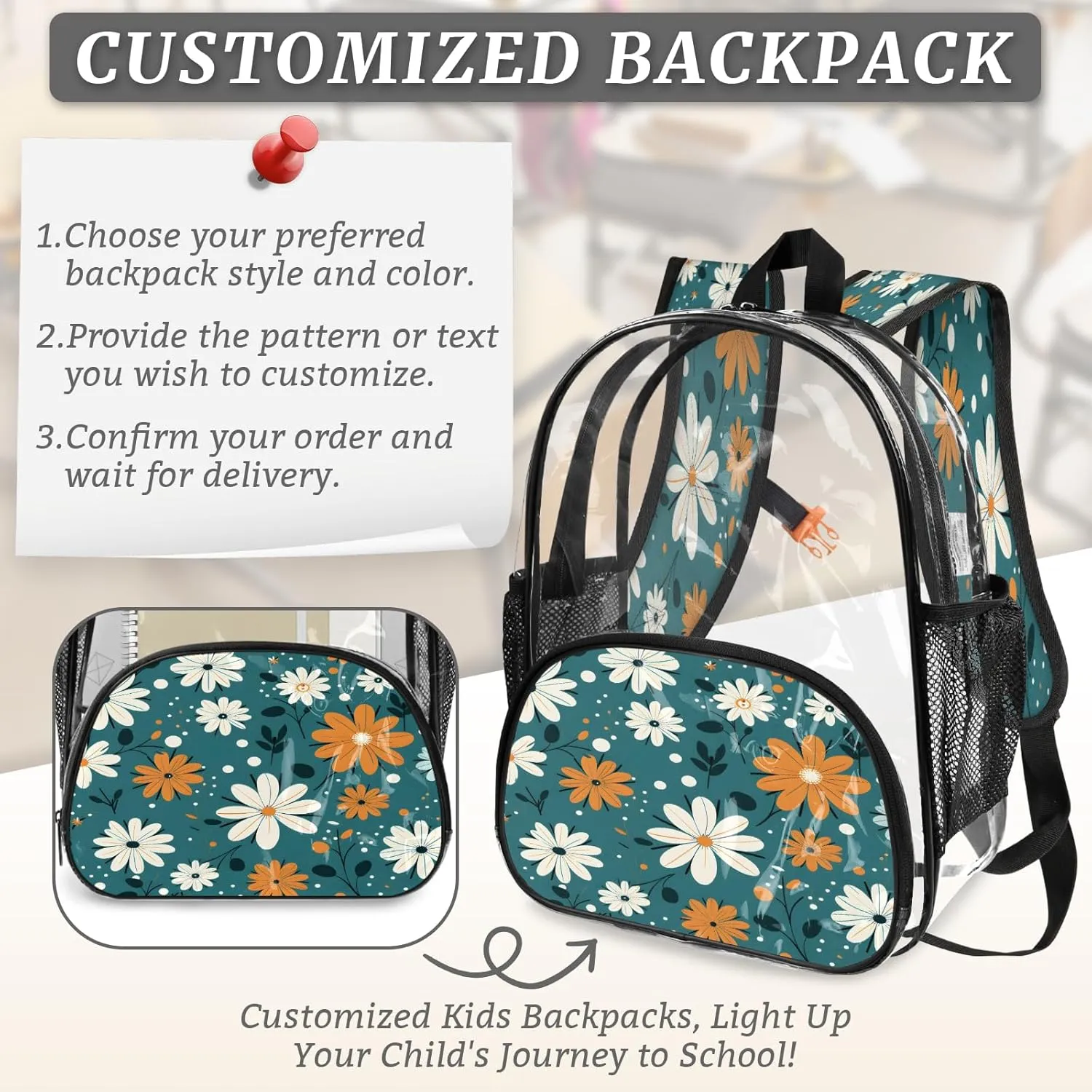 KOBLEN Blue Floral Mix 17.1 Inch Clear Backpack, Heavy Duty Transparent PVC Daypack with Adjustable Padded Straps, Large Capacity Clear Bag for Festival, Concerts, Travel