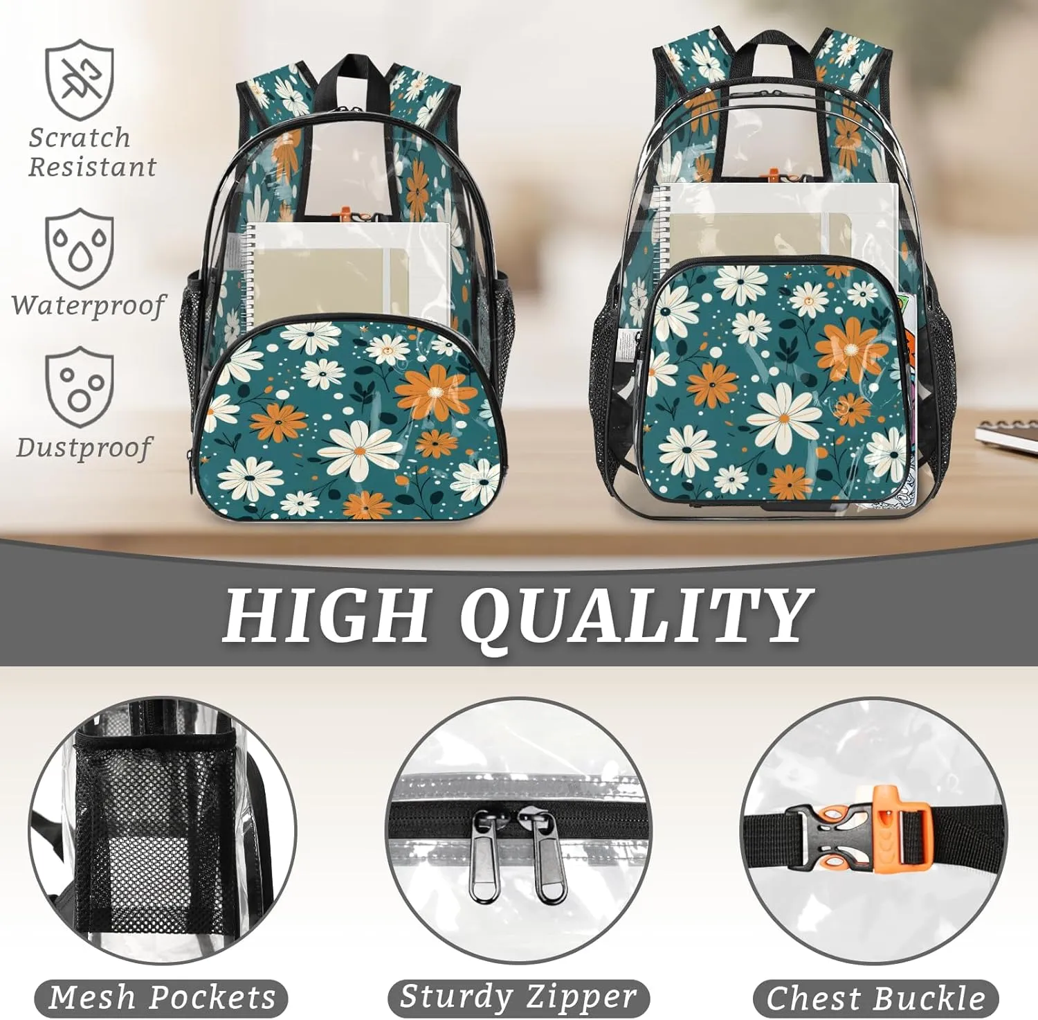 KOBLEN Blue Floral Mix 17.1 Inch Clear Backpack, Heavy Duty Transparent PVC Daypack with Adjustable Padded Straps, Large Capacity Clear Bag for Festival, Concerts, Travel