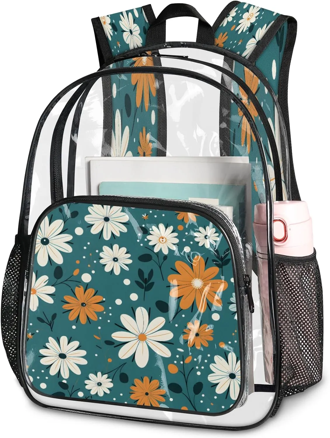KOBLEN Blue Floral Mix 17.1 Inch Clear Backpack, Heavy Duty Transparent PVC Daypack with Adjustable Padded Straps, Large Capacity Clear Bag for Festival, Concerts, Travel