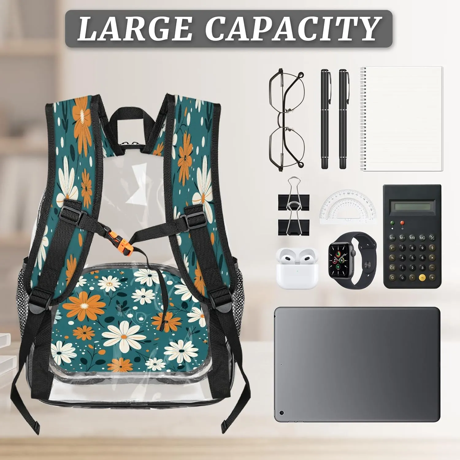 KOBLEN Blue Floral Mix 17.1 Inch Clear Backpack, Heavy Duty Transparent PVC Daypack with Adjustable Padded Straps, Large Capacity Clear Bag for Festival, Concerts, Travel