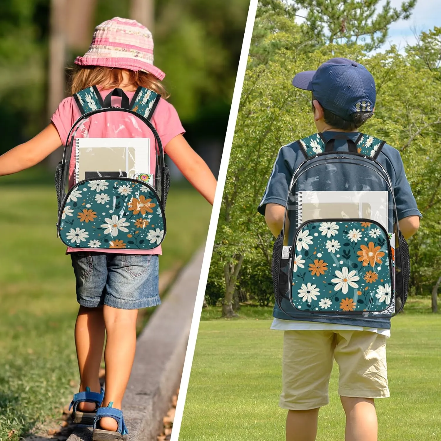 KOBLEN Blue Floral Mix 17.1 Inch Clear Backpack, Heavy Duty Transparent PVC Daypack with Adjustable Padded Straps, Large Capacity Clear Bag for Festival, Concerts, Travel