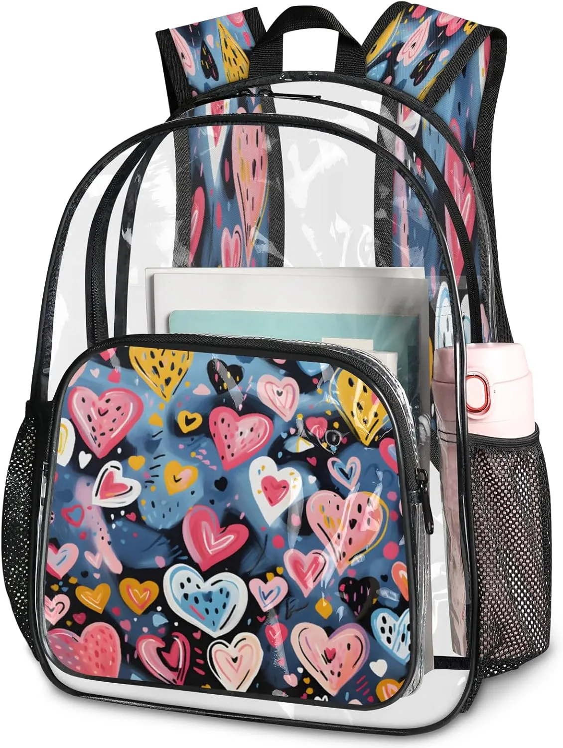 KOBLEN Blue Heart Cluster 14.2 Inch Clear Backpack, Heavy Duty Transparent PVC Daypack with Adjustable Padded Straps, Large Capacity Clear Bag for Festival, Concerts, Travel