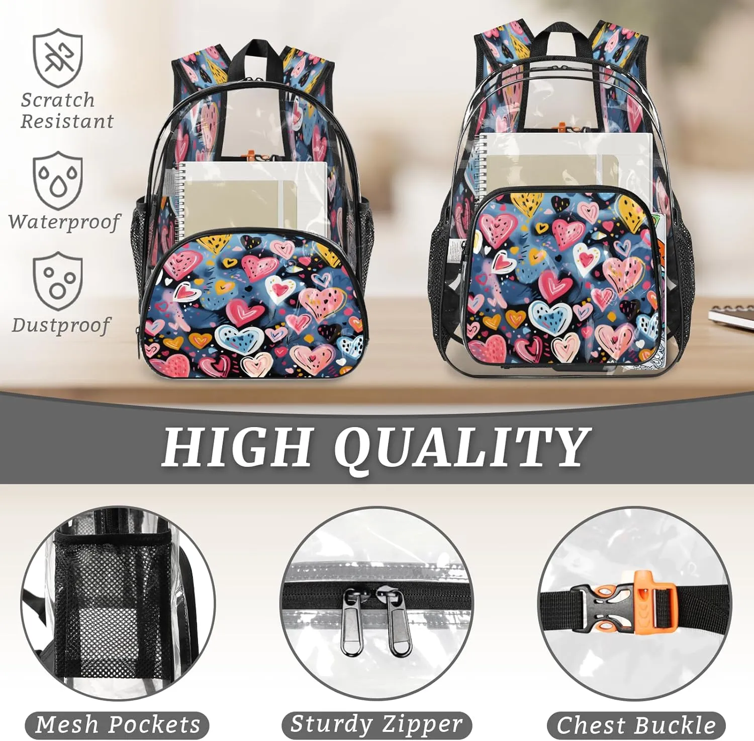 KOBLEN Blue Heart Cluster 14.2 Inch Clear Backpack, Heavy Duty Transparent PVC Daypack with Adjustable Padded Straps, Large Capacity Clear Bag for Festival, Concerts, Travel