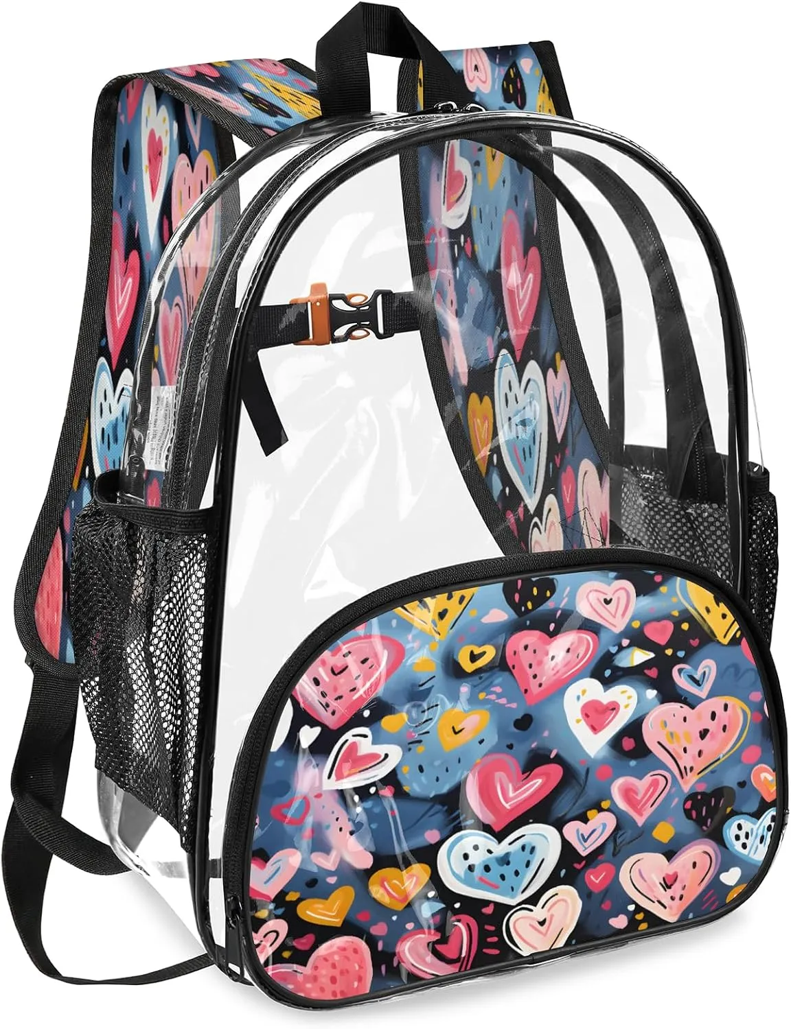 KOBLEN Blue Heart Cluster 14.2 Inch Clear Backpack, Heavy Duty Transparent PVC Daypack with Adjustable Padded Straps, Large Capacity Clear Bag for Festival, Concerts, Travel