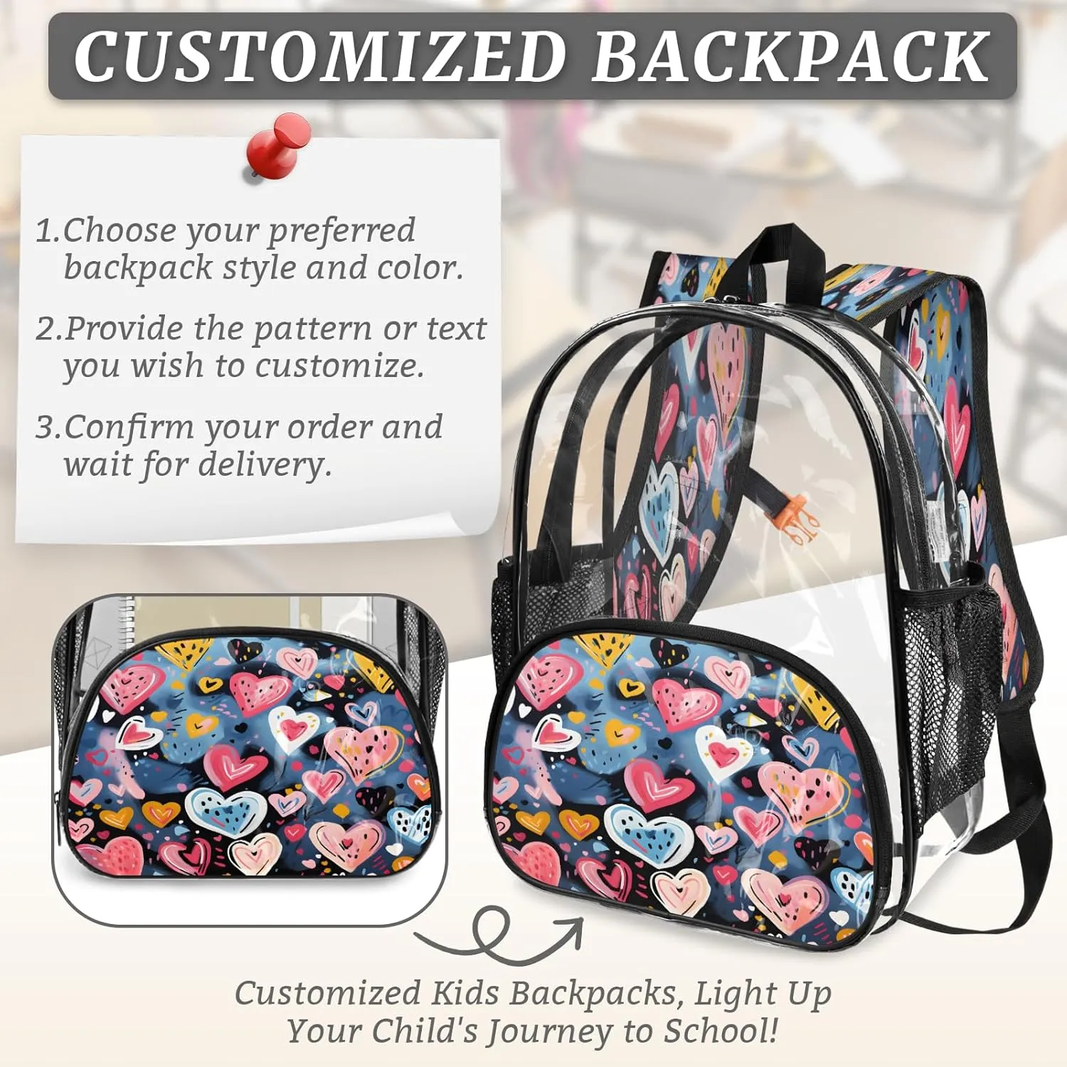 KOBLEN Blue Heart Cluster 14.2 Inch Clear Backpack, Heavy Duty Transparent PVC Daypack with Adjustable Padded Straps, Large Capacity Clear Bag for Festival, Concerts, Travel