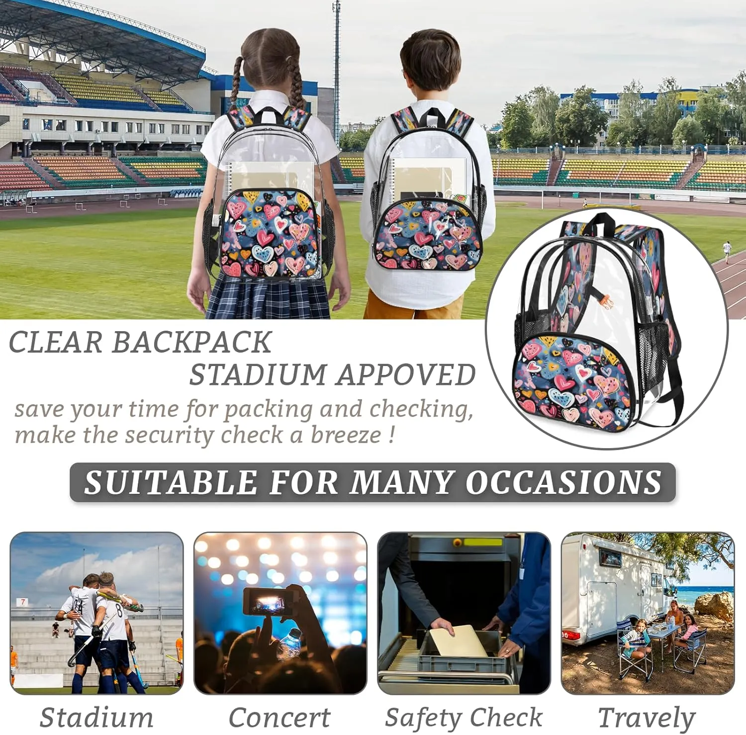 KOBLEN Blue Heart Cluster 14.2 Inch Clear Backpack, Heavy Duty Transparent PVC Daypack with Adjustable Padded Straps, Large Capacity Clear Bag for Festival, Concerts, Travel