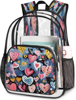 KOBLEN Blue Heart Cluster 14.2 Inch Clear Backpack, Heavy Duty Transparent PVC Daypack with Adjustable Padded Straps, Large Capacity Clear Bag for Festival, Concerts, Travel