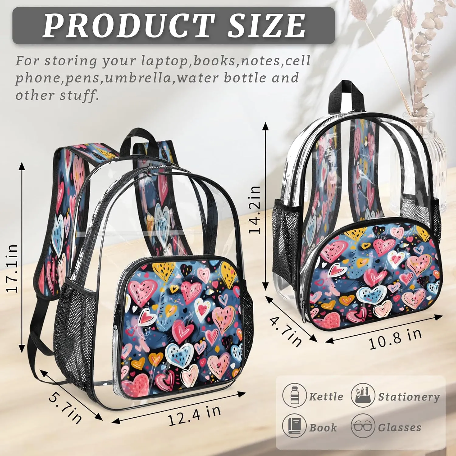 KOBLEN Blue Heart Cluster 14.2 Inch Clear Backpack, Heavy Duty Transparent PVC Daypack with Adjustable Padded Straps, Large Capacity Clear Bag for Festival, Concerts, Travel