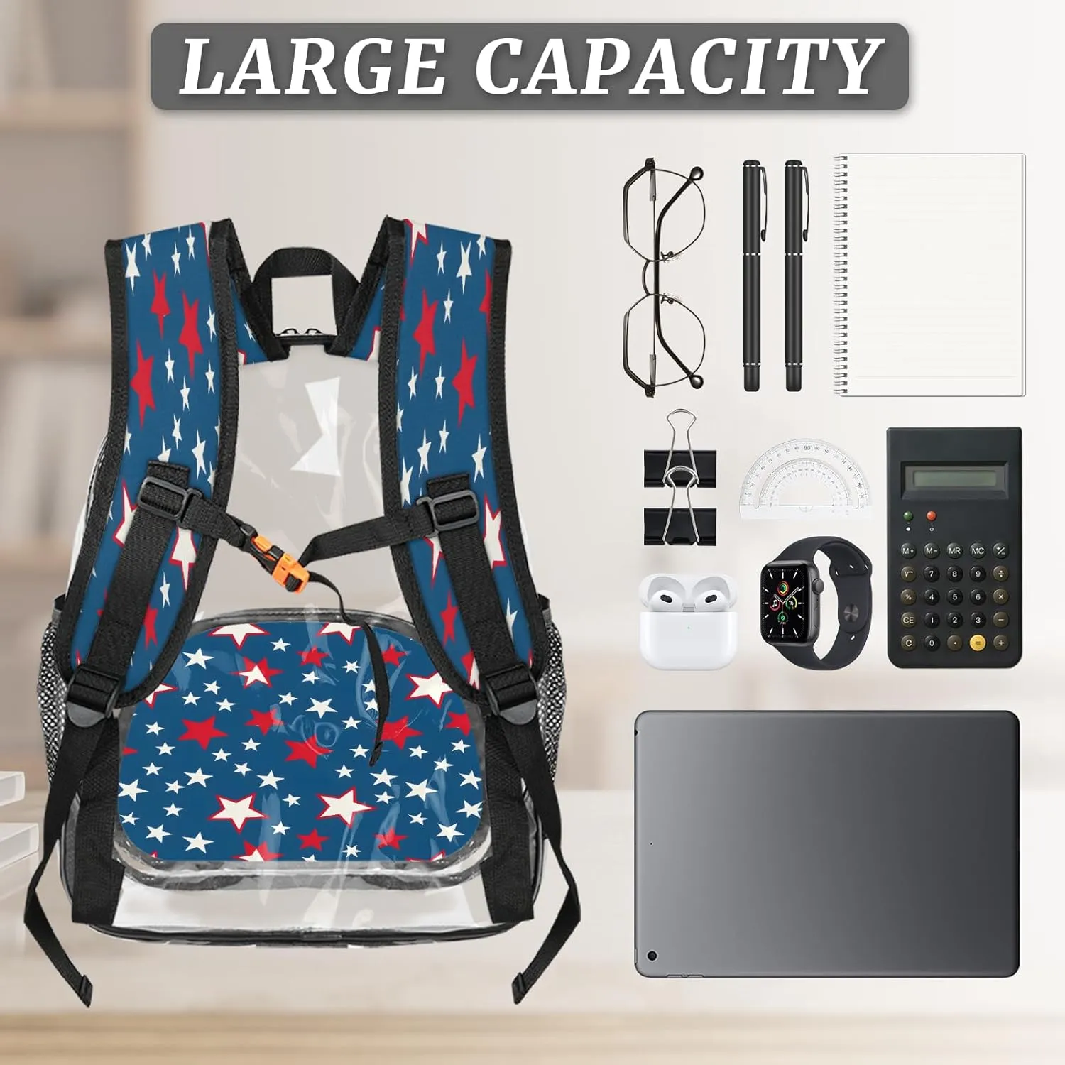 KOBLEN Blue Starry Pattern 17.1 Inch Clear Backpack, Heavy Duty Transparent PVC Daypack with Adjustable Padded Straps, Large Capacity Clear Bag for Festival, Concerts, Travel