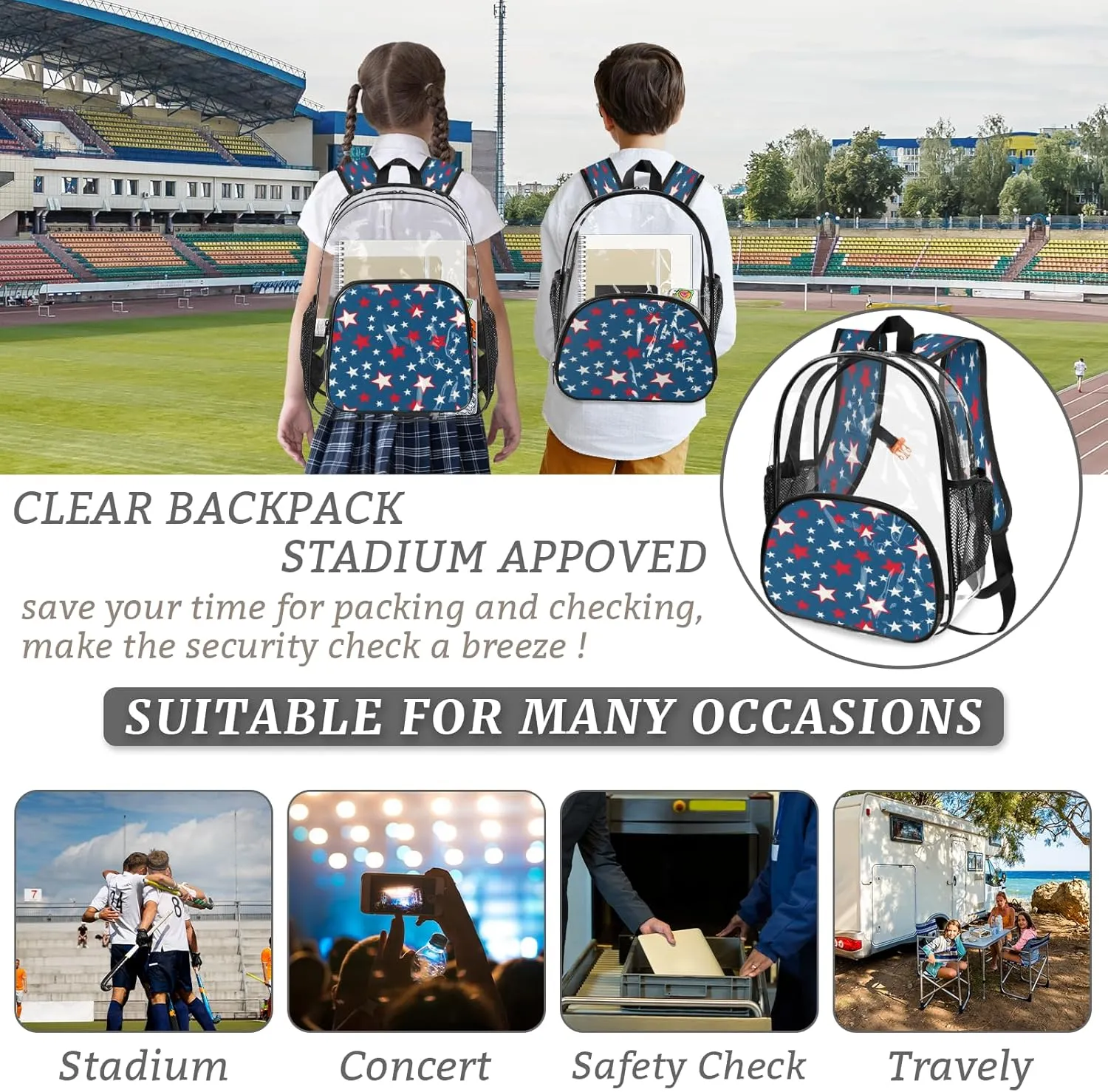 KOBLEN Blue Starry Pattern 17.1 Inch Clear Backpack, Heavy Duty Transparent PVC Daypack with Adjustable Padded Straps, Large Capacity Clear Bag for Festival, Concerts, Travel