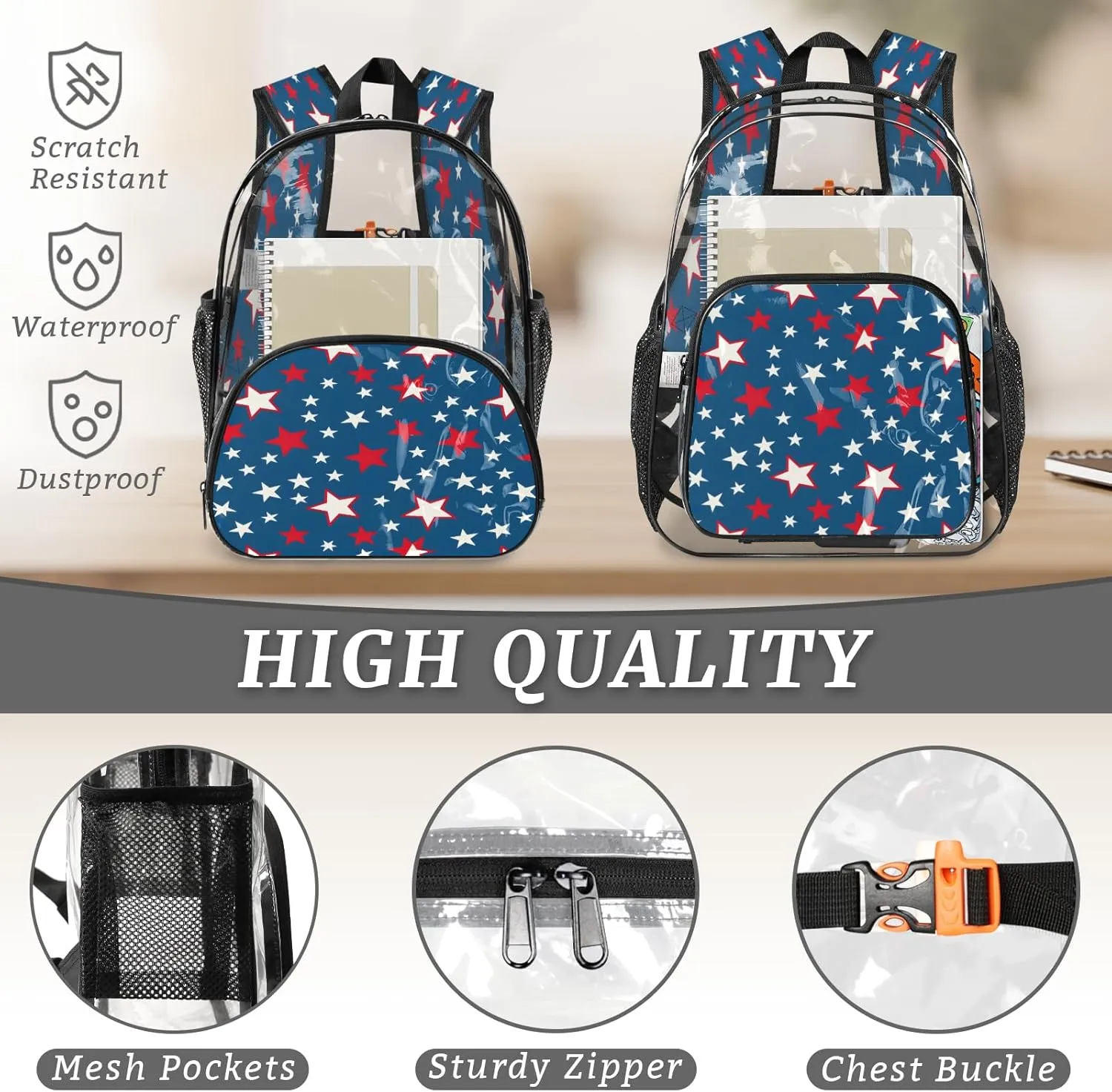 KOBLEN Blue Starry Pattern 17.1 Inch Clear Backpack, Heavy Duty Transparent PVC Daypack with Adjustable Padded Straps, Large Capacity Clear Bag for Festival, Concerts, Travel