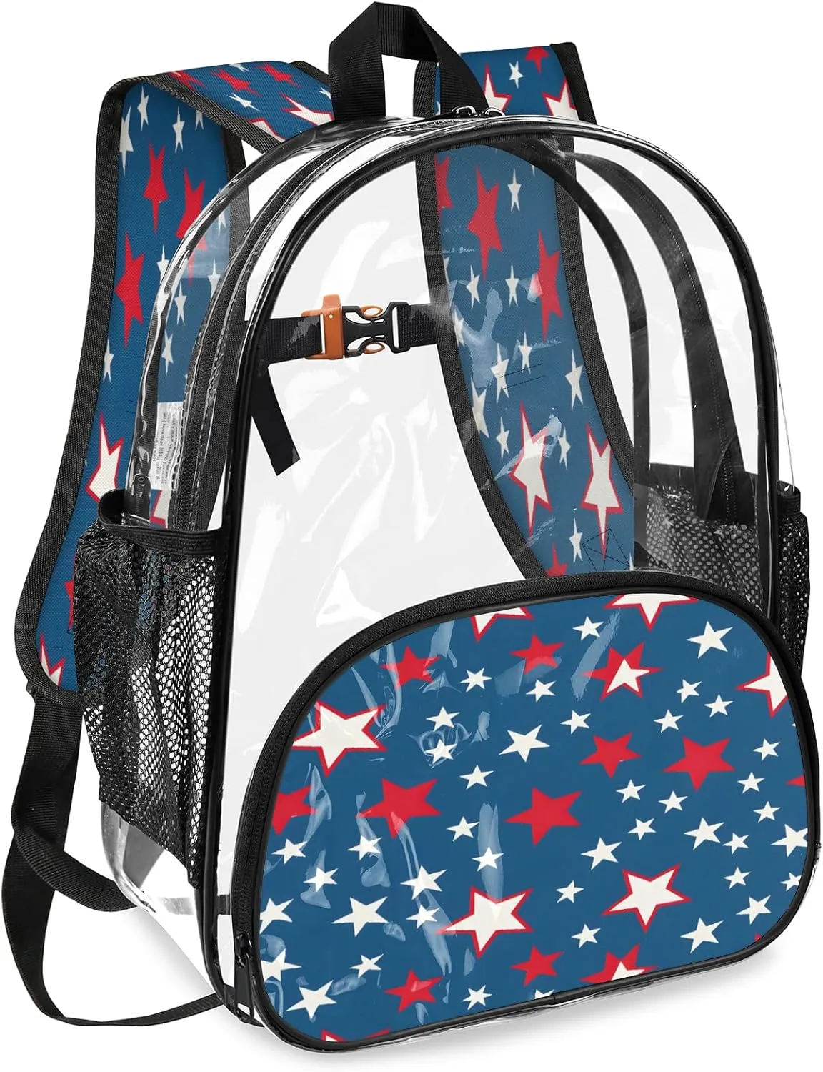 KOBLEN Blue Starry Pattern 17.1 Inch Clear Backpack, Heavy Duty Transparent PVC Daypack with Adjustable Padded Straps, Large Capacity Clear Bag for Festival, Concerts, Travel