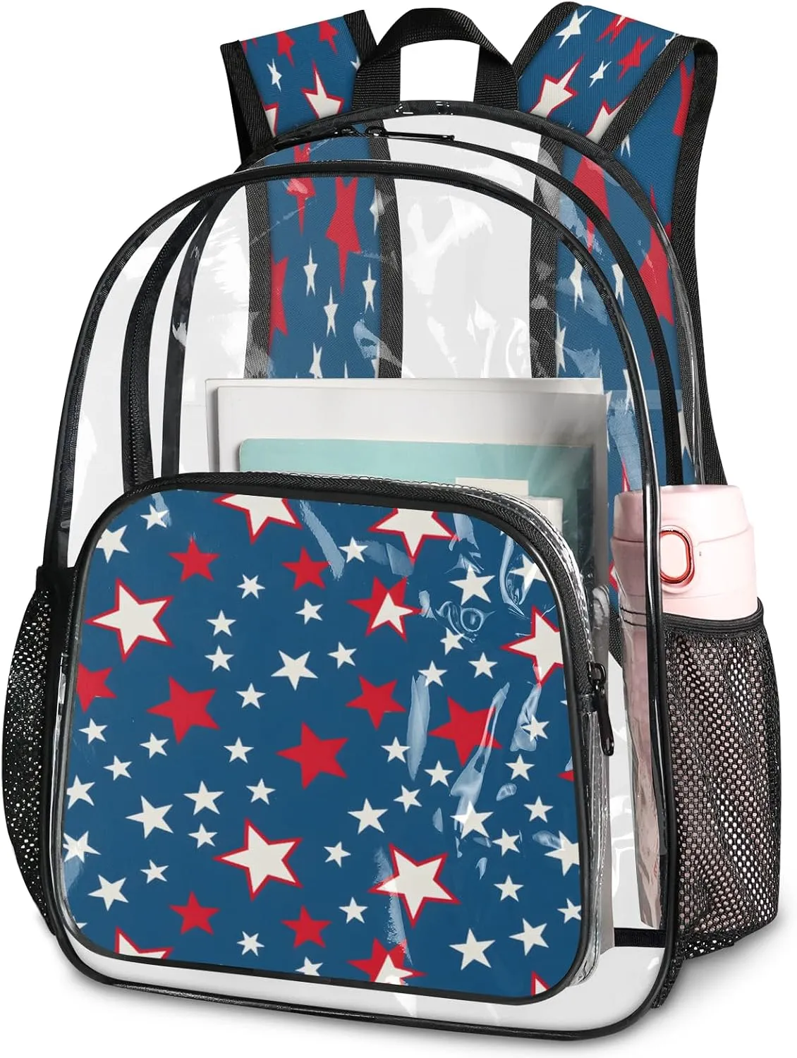 KOBLEN Blue Starry Pattern 17.1 Inch Clear Backpack, Heavy Duty Transparent PVC Daypack with Adjustable Padded Straps, Large Capacity Clear Bag for Festival, Concerts, Travel