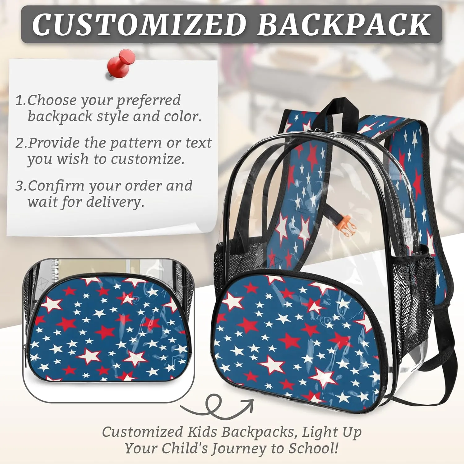 KOBLEN Blue Starry Pattern 17.1 Inch Clear Backpack, Heavy Duty Transparent PVC Daypack with Adjustable Padded Straps, Large Capacity Clear Bag for Festival, Concerts, Travel