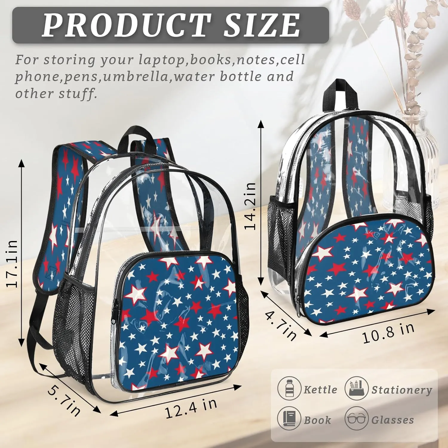 KOBLEN Blue Starry Pattern 17.1 Inch Clear Backpack, Heavy Duty Transparent PVC Daypack with Adjustable Padded Straps, Large Capacity Clear Bag for Festival, Concerts, Travel