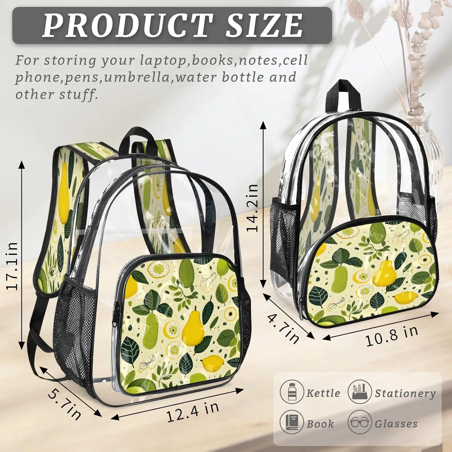 KOBLEN Citrus Orchard Bliss 17.1 Inch Clear Backpack, Heavy Duty Transparent PVC Daypack with Adjustable Padded Straps, Large Capacity Clear Bag for Festival, Concerts, Travel
