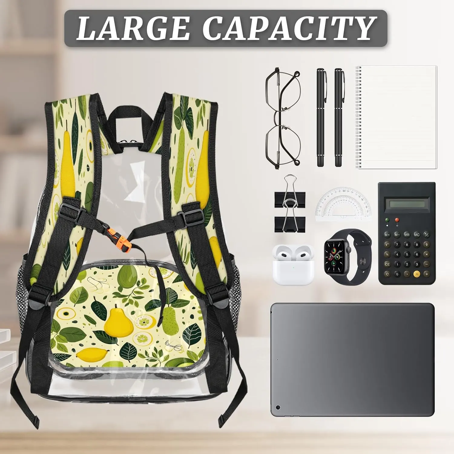 KOBLEN Citrus Orchard Bliss 17.1 Inch Clear Backpack, Heavy Duty Transparent PVC Daypack with Adjustable Padded Straps, Large Capacity Clear Bag for Festival, Concerts, Travel