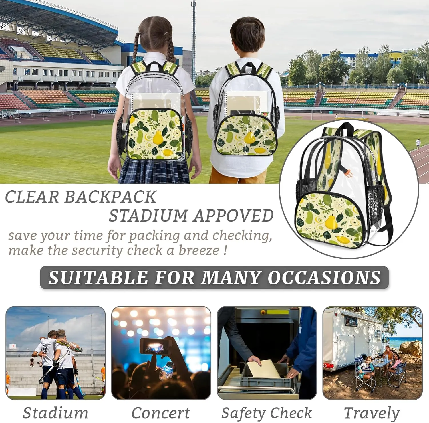 KOBLEN Citrus Orchard Bliss 17.1 Inch Clear Backpack, Heavy Duty Transparent PVC Daypack with Adjustable Padded Straps, Large Capacity Clear Bag for Festival, Concerts, Travel