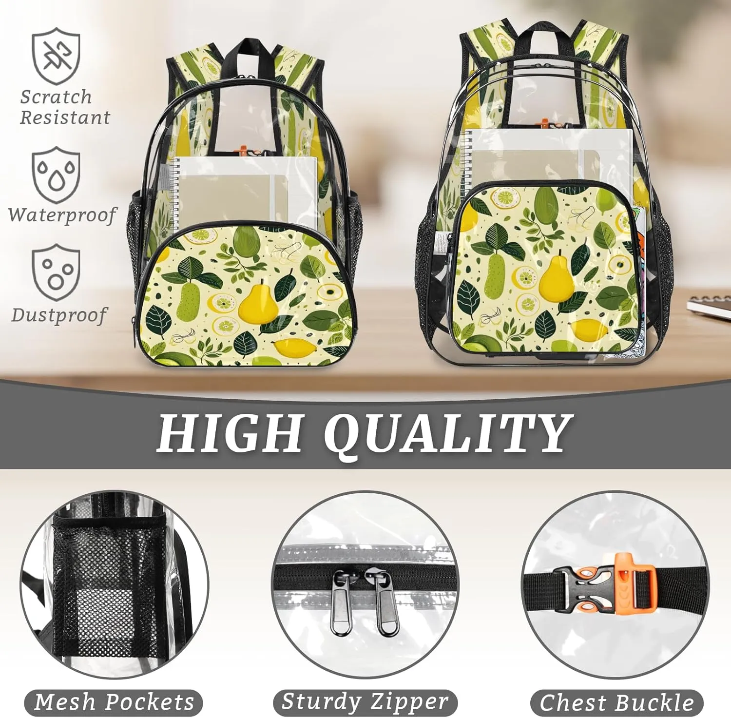 KOBLEN Citrus Orchard Bliss 17.1 Inch Clear Backpack, Heavy Duty Transparent PVC Daypack with Adjustable Padded Straps, Large Capacity Clear Bag for Festival, Concerts, Travel
