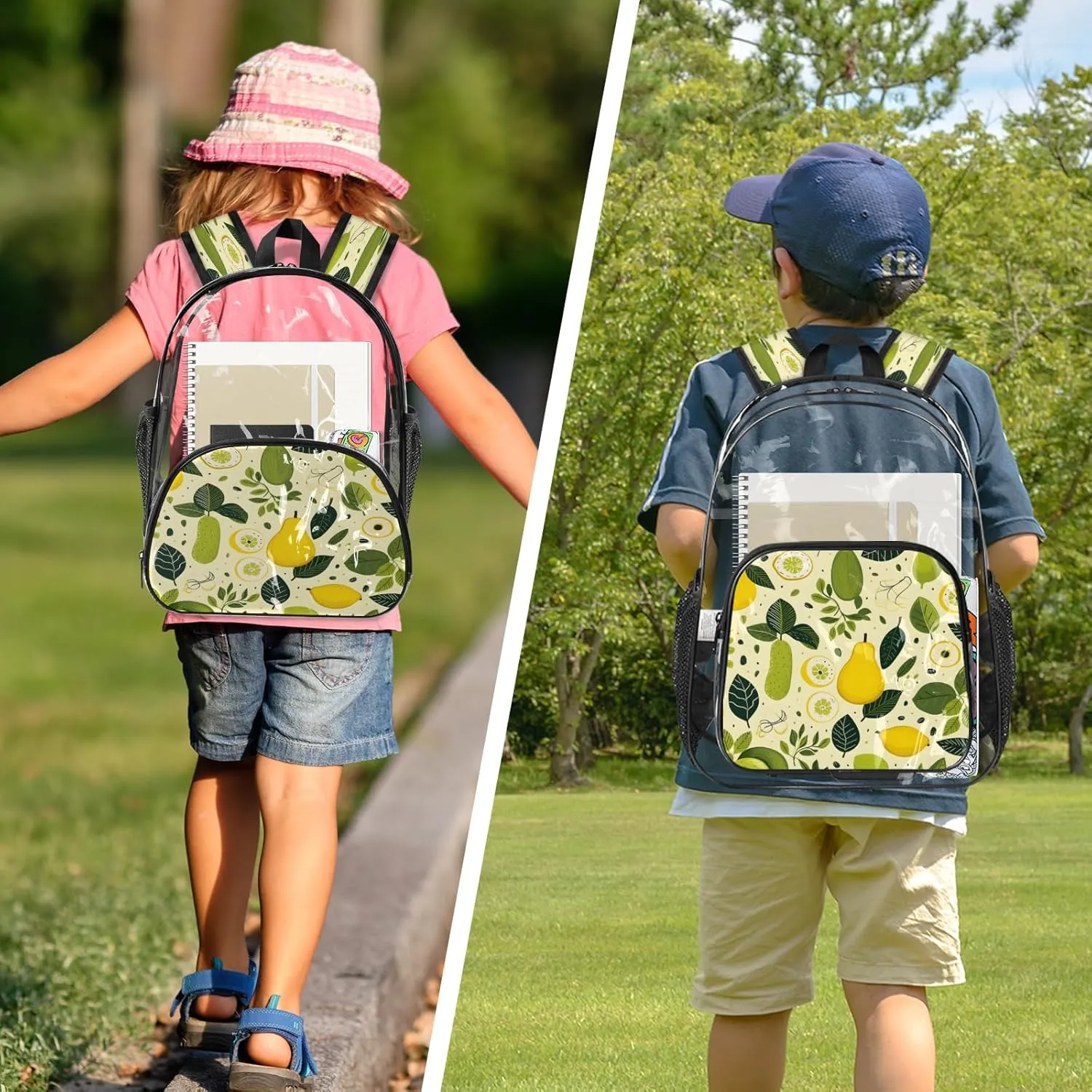 KOBLEN Citrus Orchard Bliss 17.1 Inch Clear Backpack, Heavy Duty Transparent PVC Daypack with Adjustable Padded Straps, Large Capacity Clear Bag for Festival, Concerts, Travel