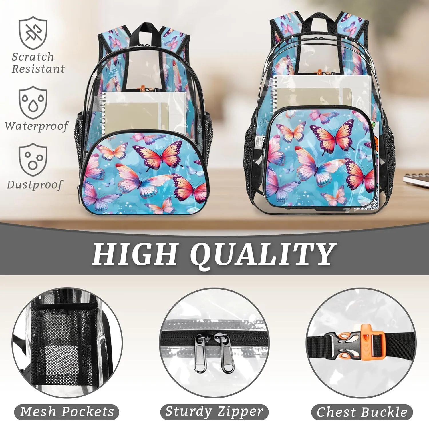 KOBLEN Colorful Butterfly Flutter 17.1 Inch Clear Backpack, Heavy Duty Transparent PVC Daypack with Adjustable Padded Straps, Large Capacity Clear Bag for Festival, Concerts, Travel