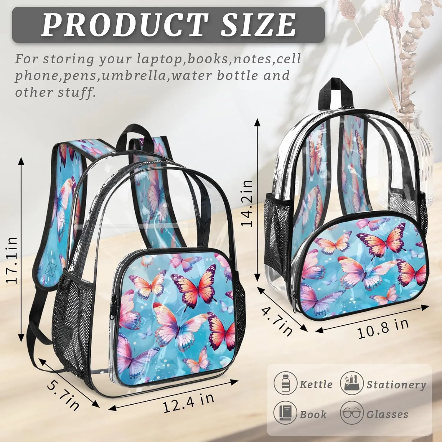 KOBLEN Colorful Butterfly Flutter 17.1 Inch Clear Backpack, Heavy Duty Transparent PVC Daypack with Adjustable Padded Straps, Large Capacity Clear Bag for Festival, Concerts, Travel