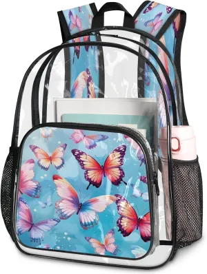 KOBLEN Colorful Butterfly Flutter 17.1 Inch Clear Backpack, Heavy Duty Transparent PVC Daypack with Adjustable Padded Straps, Large Capacity Clear Bag for Festival, Concerts, Travel