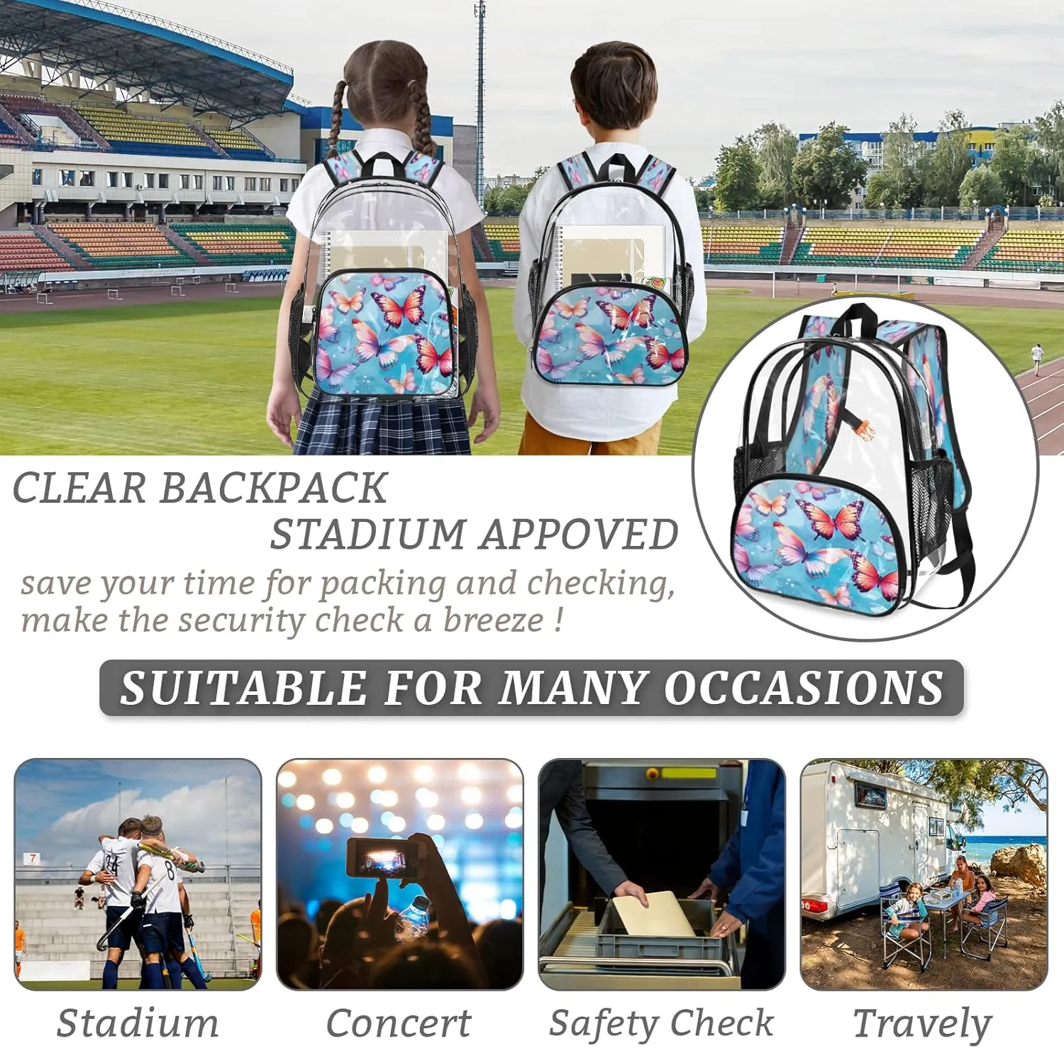 KOBLEN Colorful Butterfly Flutter 17.1 Inch Clear Backpack, Heavy Duty Transparent PVC Daypack with Adjustable Padded Straps, Large Capacity Clear Bag for Festival, Concerts, Travel