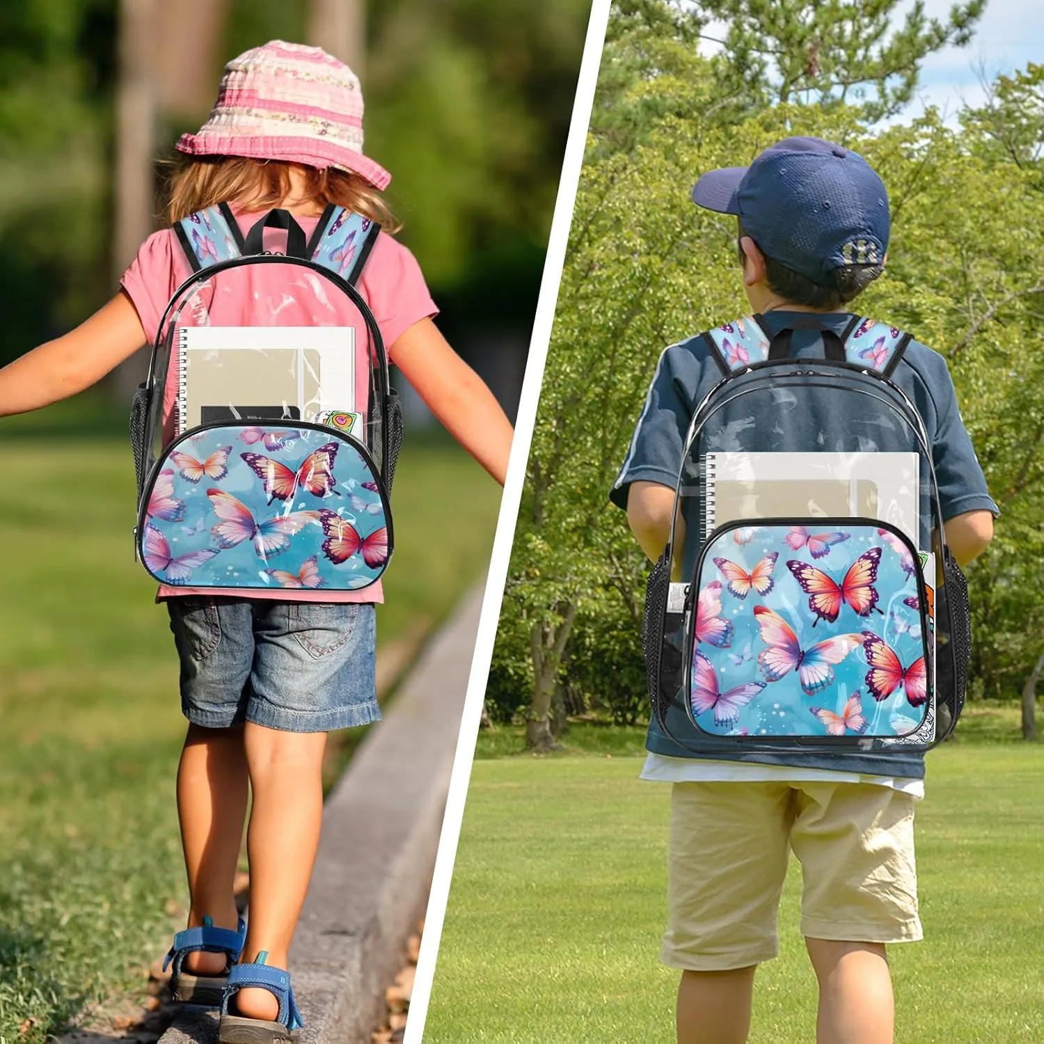 KOBLEN Colorful Butterfly Flutter 17.1 Inch Clear Backpack, Heavy Duty Transparent PVC Daypack with Adjustable Padded Straps, Large Capacity Clear Bag for Festival, Concerts, Travel
