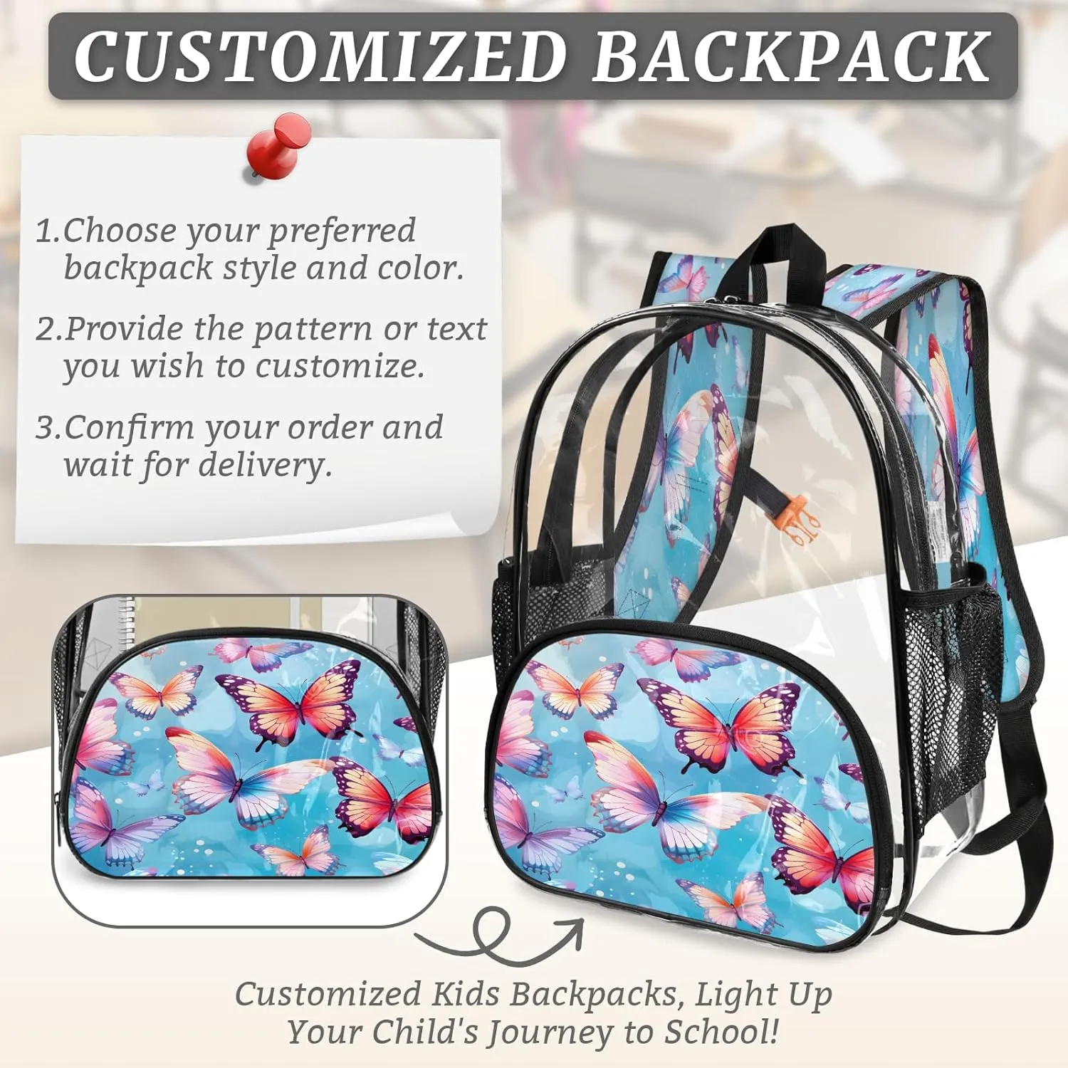 KOBLEN Colorful Butterfly Flutter 17.1 Inch Clear Backpack, Heavy Duty Transparent PVC Daypack with Adjustable Padded Straps, Large Capacity Clear Bag for Festival, Concerts, Travel