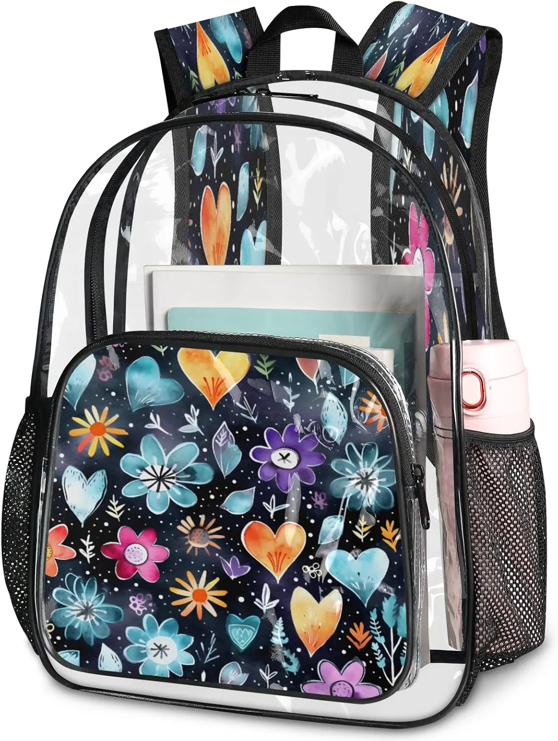 KOBLEN Floral Hearts Pattern 17.1 Inch Clear Backpack, Heavy Duty Transparent PVC Daypack with Adjustable Padded Straps, Large Capacity Clear Bag for Festival, Concerts, Travel
