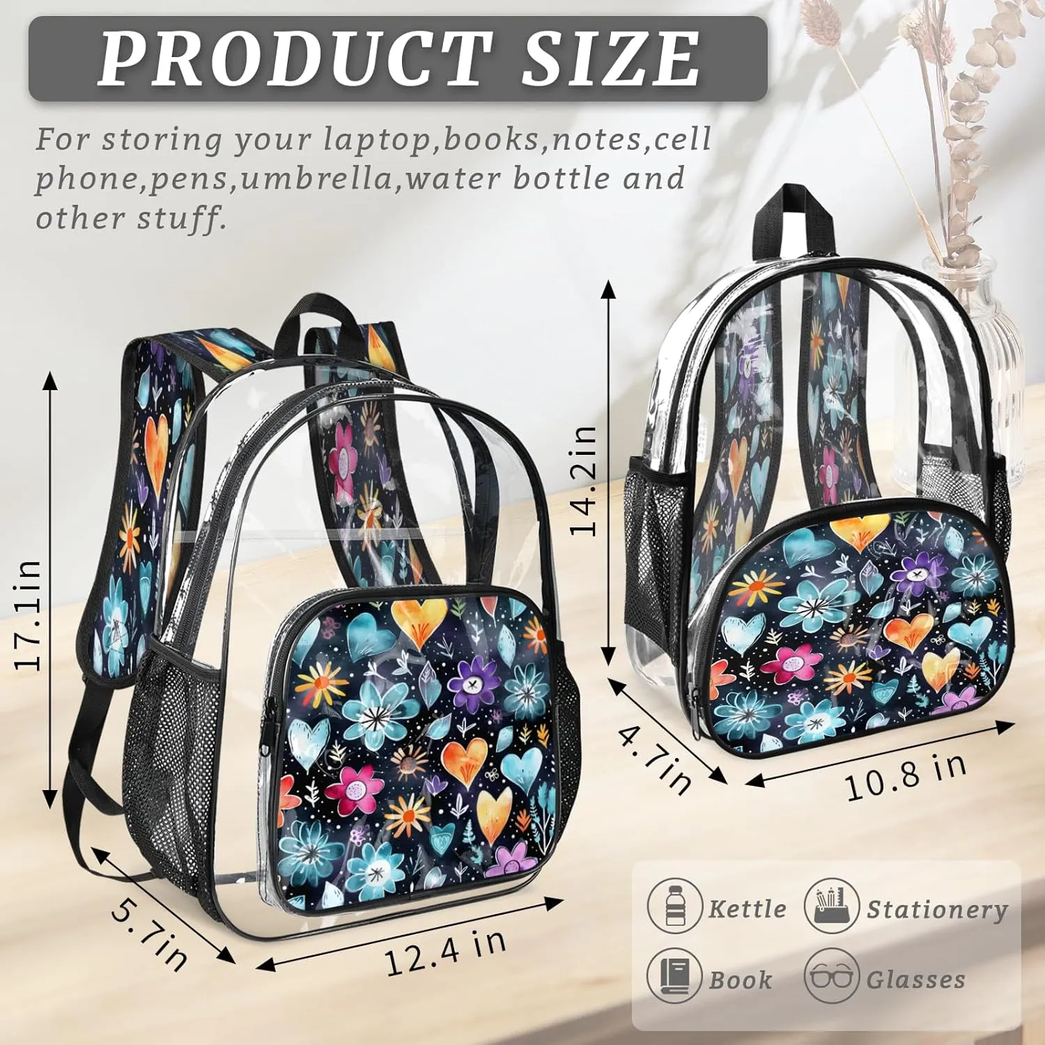 KOBLEN Floral Hearts Pattern 17.1 Inch Clear Backpack, Heavy Duty Transparent PVC Daypack with Adjustable Padded Straps, Large Capacity Clear Bag for Festival, Concerts, Travel