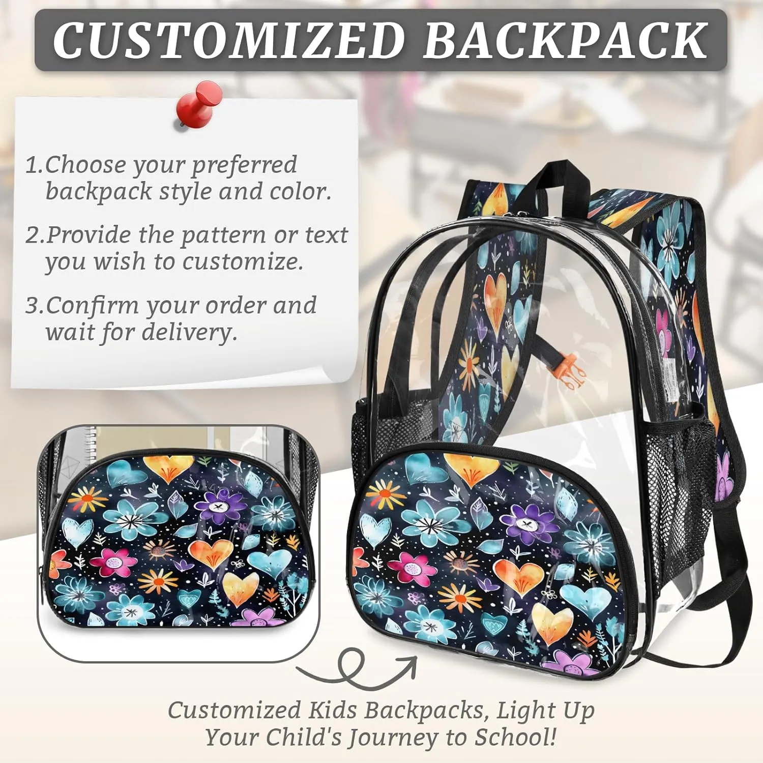 KOBLEN Floral Hearts Pattern 17.1 Inch Clear Backpack, Heavy Duty Transparent PVC Daypack with Adjustable Padded Straps, Large Capacity Clear Bag for Festival, Concerts, Travel