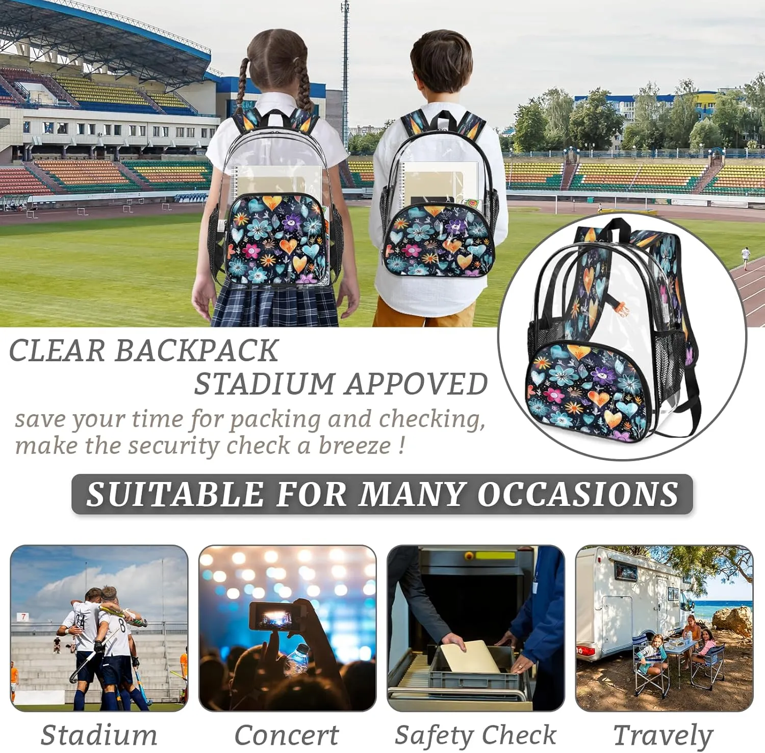 KOBLEN Floral Hearts Pattern 17.1 Inch Clear Backpack, Heavy Duty Transparent PVC Daypack with Adjustable Padded Straps, Large Capacity Clear Bag for Festival, Concerts, Travel