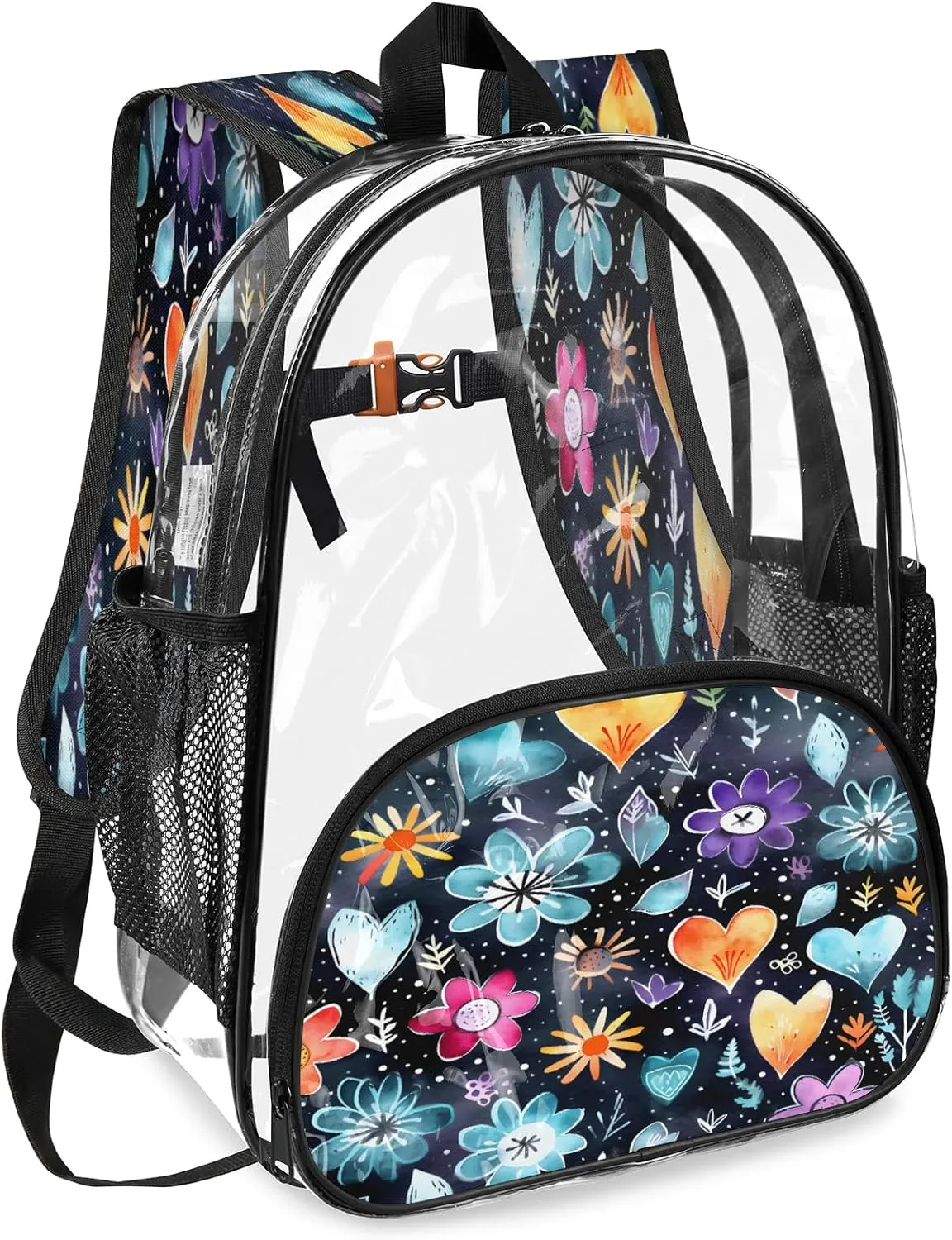 KOBLEN Floral Hearts Pattern 17.1 Inch Clear Backpack, Heavy Duty Transparent PVC Daypack with Adjustable Padded Straps, Large Capacity Clear Bag for Festival, Concerts, Travel