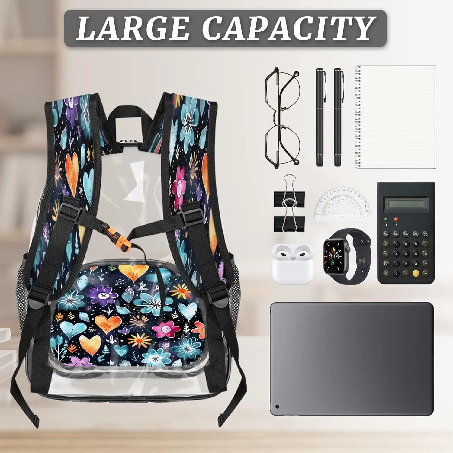 KOBLEN Floral Hearts Pattern 17.1 Inch Clear Backpack, Heavy Duty Transparent PVC Daypack with Adjustable Padded Straps, Large Capacity Clear Bag for Festival, Concerts, Travel