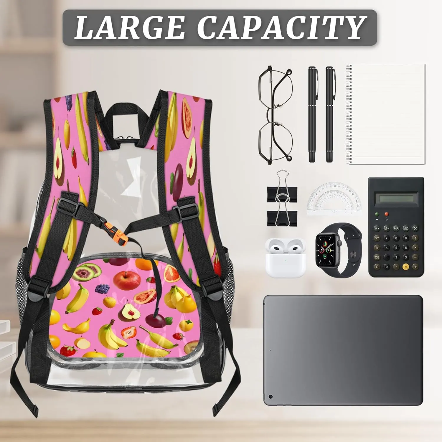 KOBLEN Fruit Fiesta Splash 17.1 Inch Clear Backpack, Heavy Duty Transparent PVC Daypack with Adjustable Padded Straps, Large Capacity Clear Bag for Festival, Concerts, Travel
