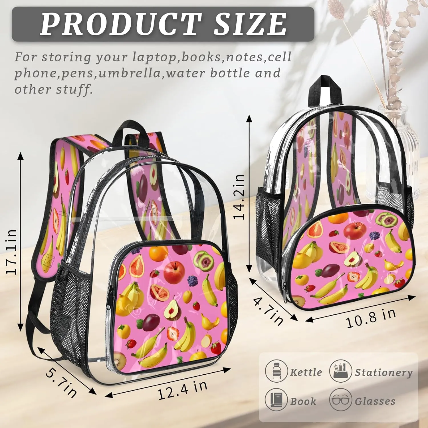 KOBLEN Fruit Fiesta Splash 17.1 Inch Clear Backpack, Heavy Duty Transparent PVC Daypack with Adjustable Padded Straps, Large Capacity Clear Bag for Festival, Concerts, Travel