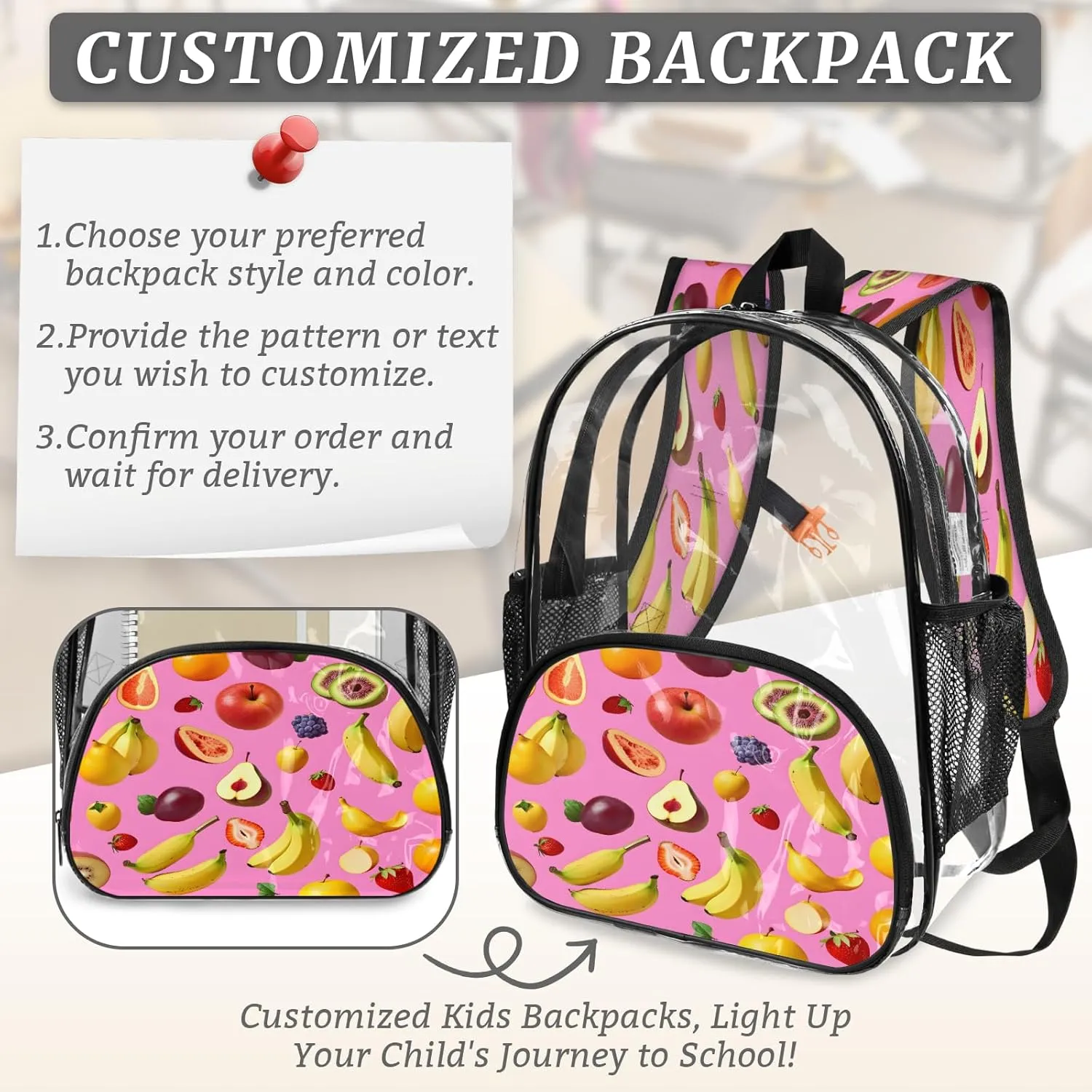 KOBLEN Fruit Fiesta Splash 17.1 Inch Clear Backpack, Heavy Duty Transparent PVC Daypack with Adjustable Padded Straps, Large Capacity Clear Bag for Festival, Concerts, Travel