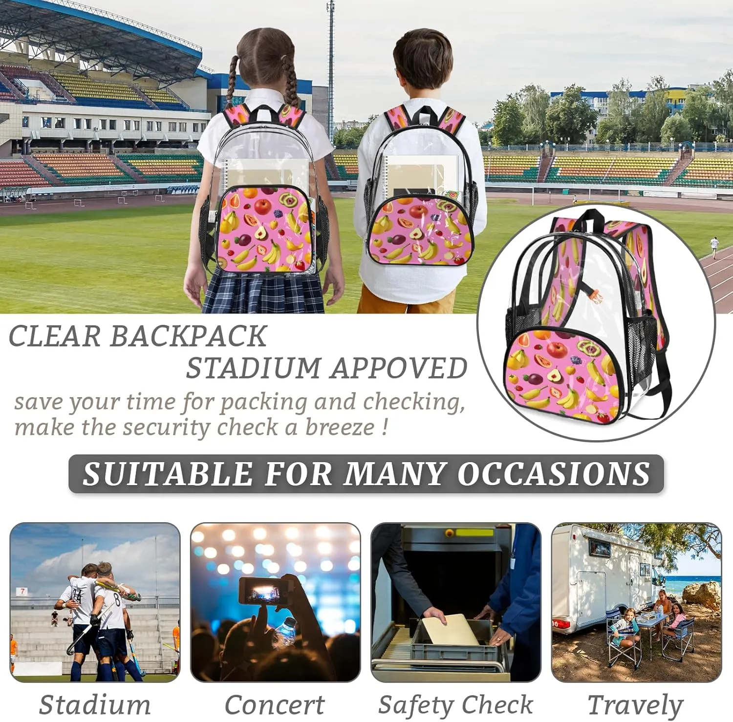 KOBLEN Fruit Fiesta Splash 17.1 Inch Clear Backpack, Heavy Duty Transparent PVC Daypack with Adjustable Padded Straps, Large Capacity Clear Bag for Festival, Concerts, Travel