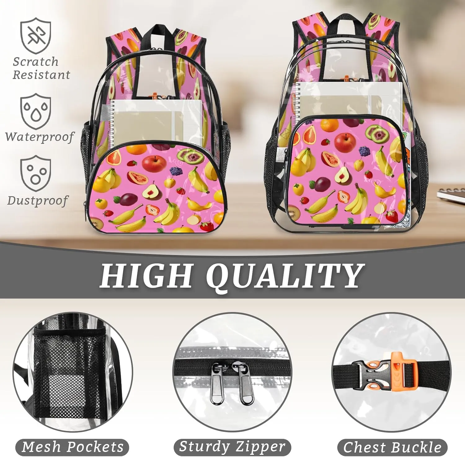 KOBLEN Fruit Fiesta Splash 17.1 Inch Clear Backpack, Heavy Duty Transparent PVC Daypack with Adjustable Padded Straps, Large Capacity Clear Bag for Festival, Concerts, Travel