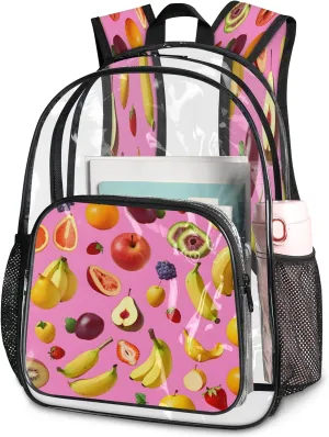 KOBLEN Fruit Fiesta Splash 17.1 Inch Clear Backpack, Heavy Duty Transparent PVC Daypack with Adjustable Padded Straps, Large Capacity Clear Bag for Festival, Concerts, Travel