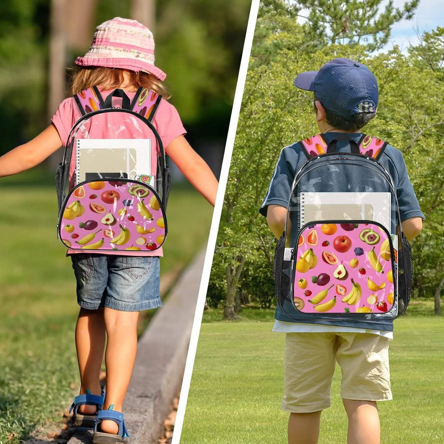 KOBLEN Fruit Fiesta Splash 17.1 Inch Clear Backpack, Heavy Duty Transparent PVC Daypack with Adjustable Padded Straps, Large Capacity Clear Bag for Festival, Concerts, Travel