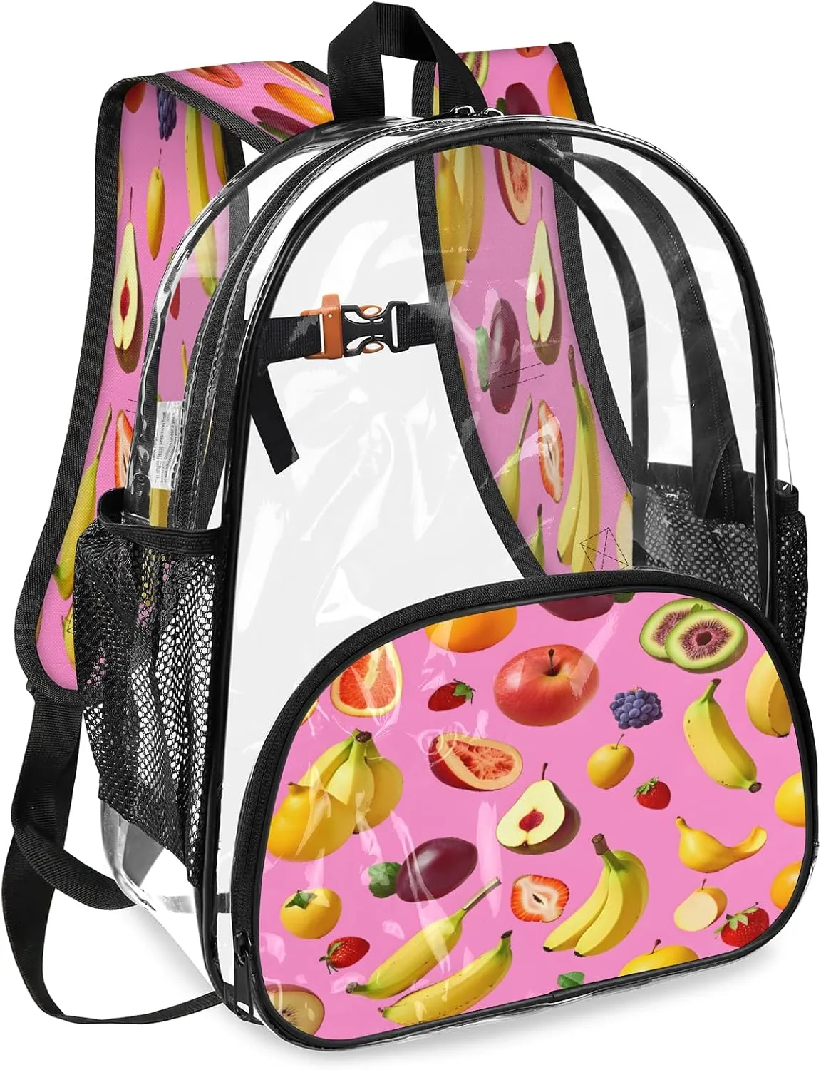 KOBLEN Fruit Fiesta Splash 17.1 Inch Clear Backpack, Heavy Duty Transparent PVC Daypack with Adjustable Padded Straps, Large Capacity Clear Bag for Festival, Concerts, Travel