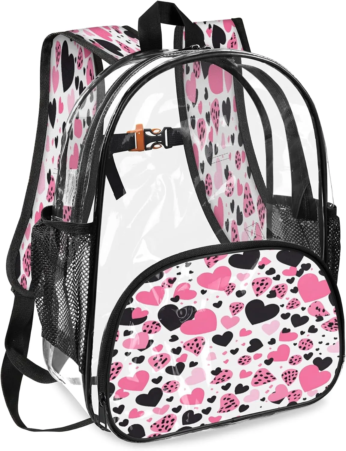 KOBLEN Heart Spot Pattern 17.1 Inch Clear Backpack, Heavy Duty Transparent PVC Daypack with Adjustable Padded Straps, Large Capacity Clear Bag for Festival, Concerts, Travel