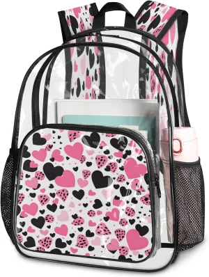 KOBLEN Heart Spot Pattern 17.1 Inch Clear Backpack, Heavy Duty Transparent PVC Daypack with Adjustable Padded Straps, Large Capacity Clear Bag for Festival, Concerts, Travel