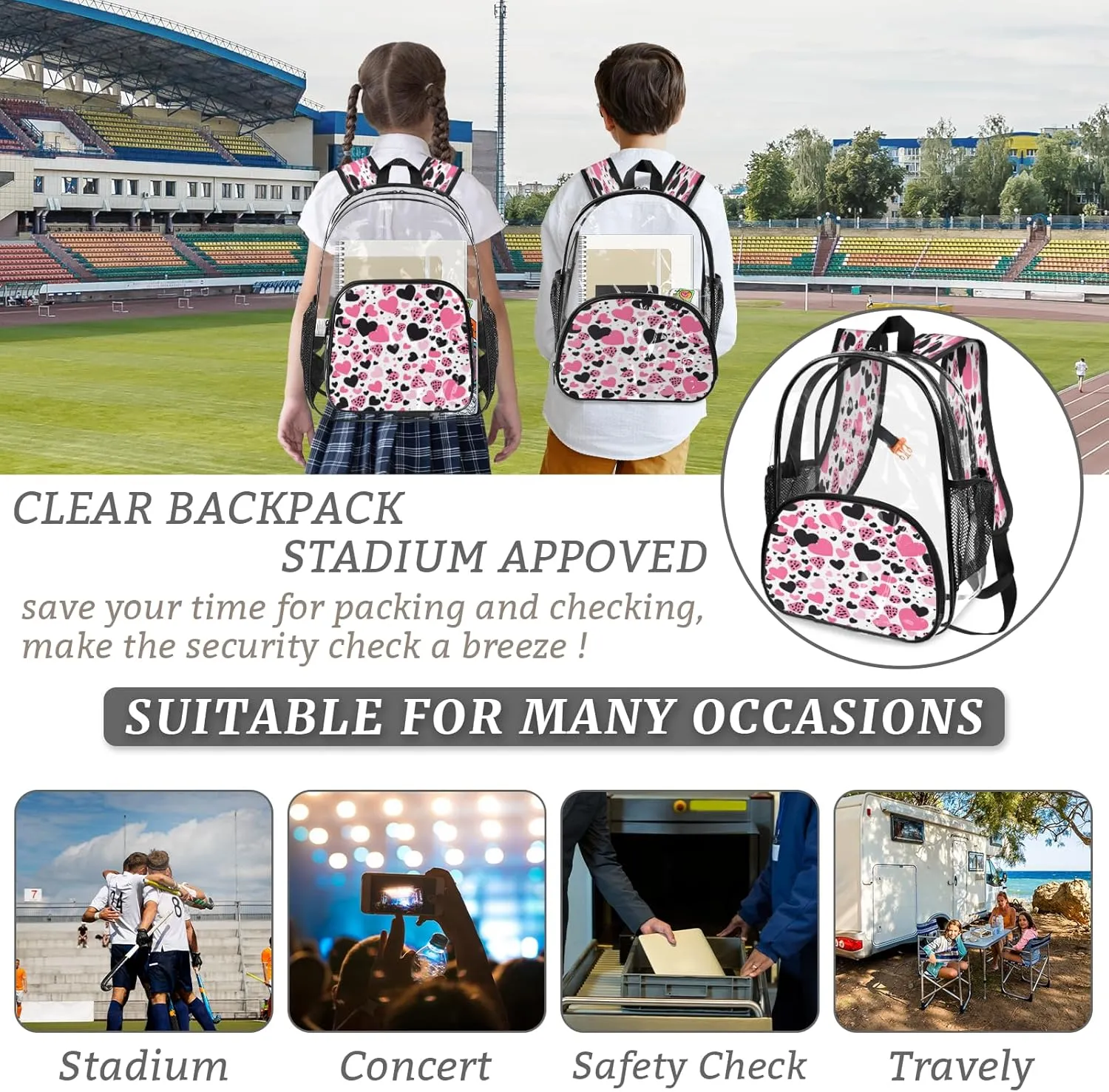 KOBLEN Heart Spot Pattern 17.1 Inch Clear Backpack, Heavy Duty Transparent PVC Daypack with Adjustable Padded Straps, Large Capacity Clear Bag for Festival, Concerts, Travel